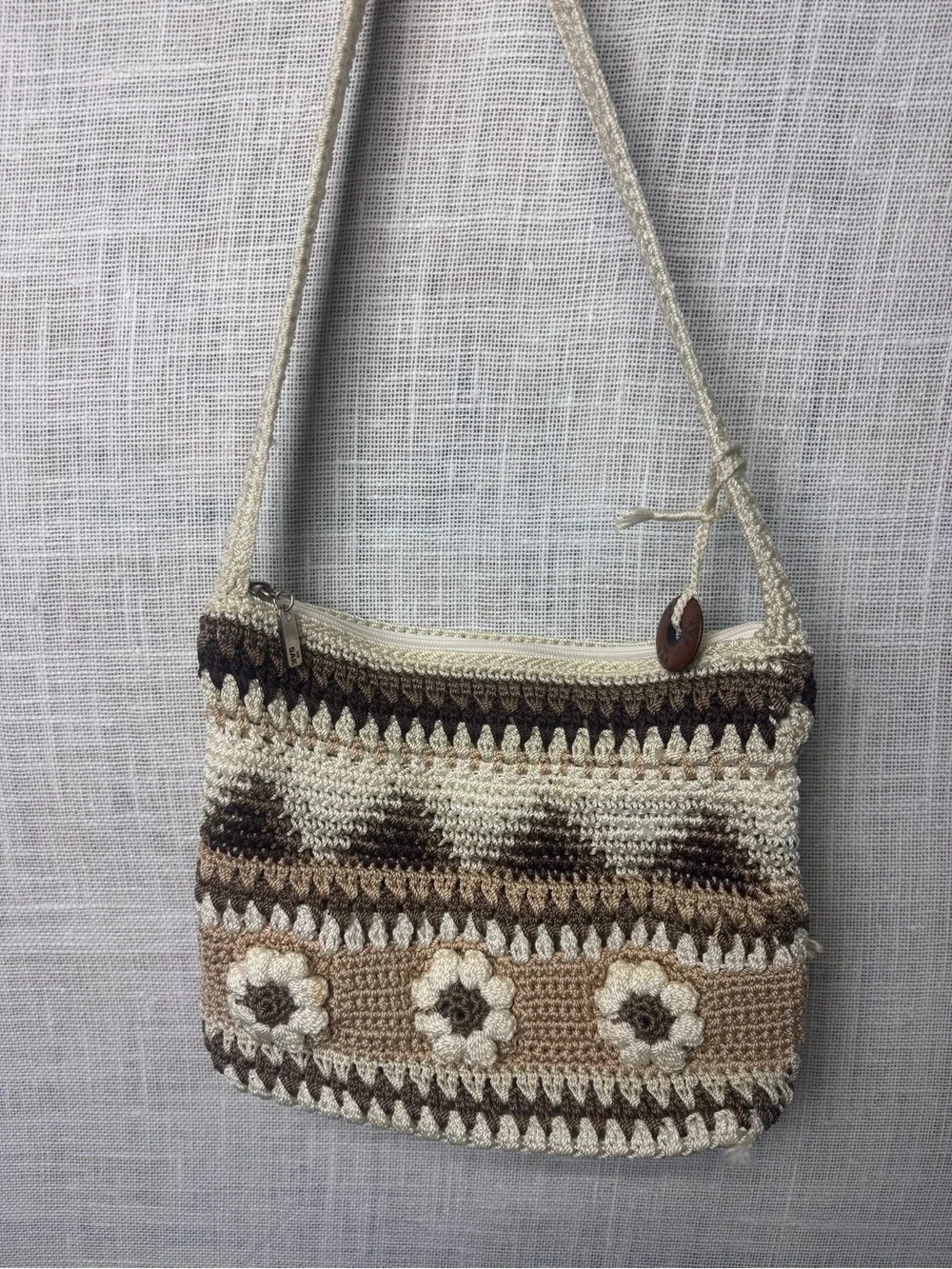 The Sak Crochet Floral Crossbody Bag in Brown & Cream
